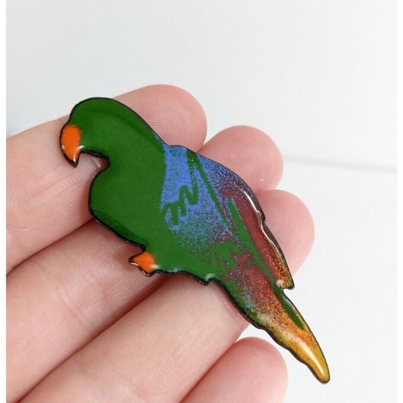 Artisan Enamel On Copper Parrot, Macaw Bird Shaped Brooch Pin - Picture 3 of 6
